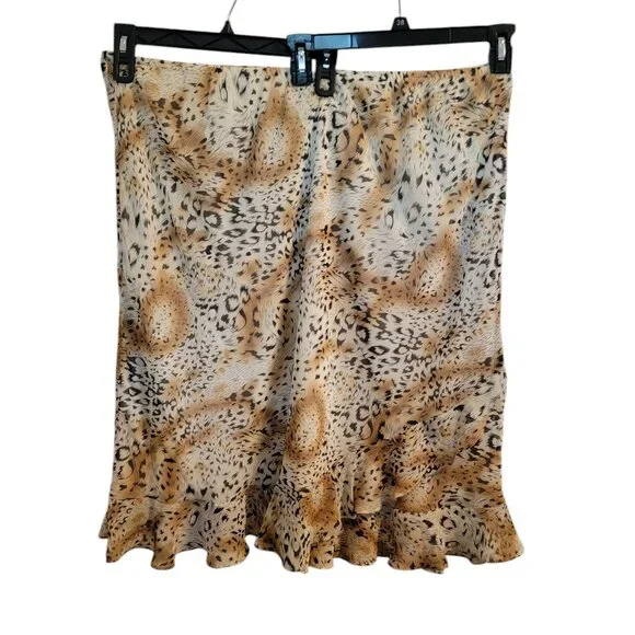 Leopard Print Pull On Chiffon Ruffled Calf Length Skirt - Picture 5 of 9